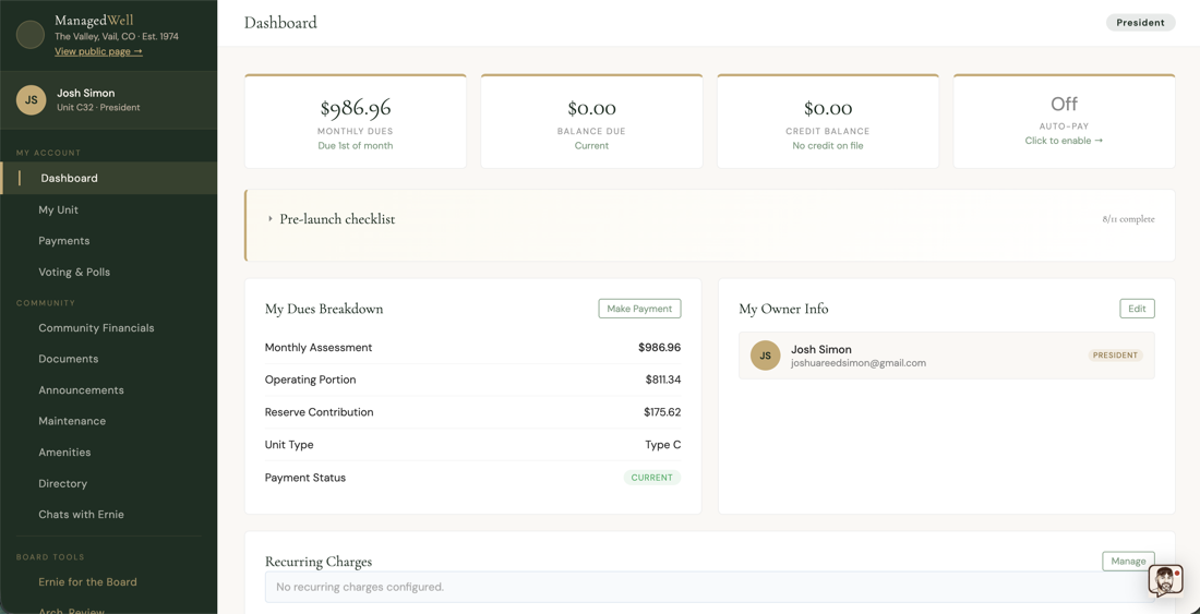 ManagedWell HOA portal dashboard — owner view of The Valley COA showing $986.96 monthly dues, payment status, dues breakdown, and owner info